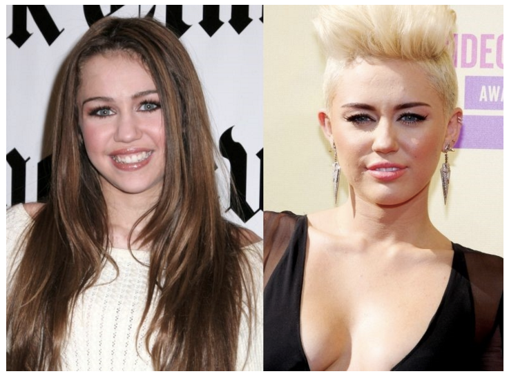 Miley Cyrus and her colored hair compared to younger days