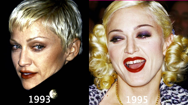 Madonna with two different hairstyles and bleached hair